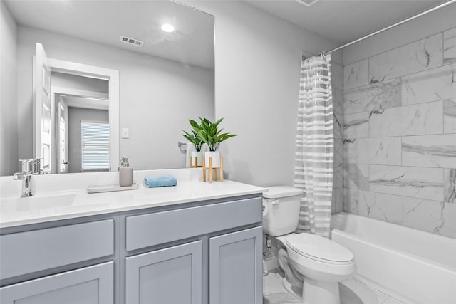 bathroom with toilet, visible vents, vanity, marble finish floor, and shower / bath combination with curtain