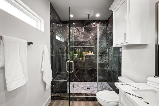 bathroom featuring vanity, toilet, and a shower with shower door