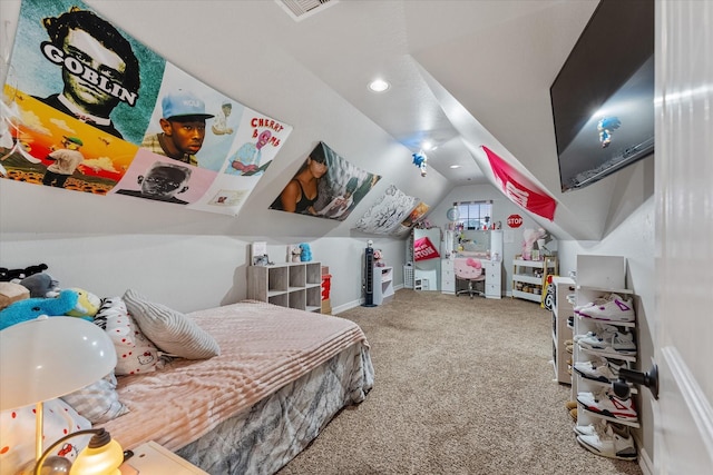 carpeted bedroom featuring vaulted ceiling