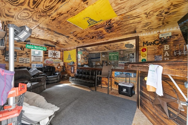 living room featuring lofted ceiling and wooden ceiling