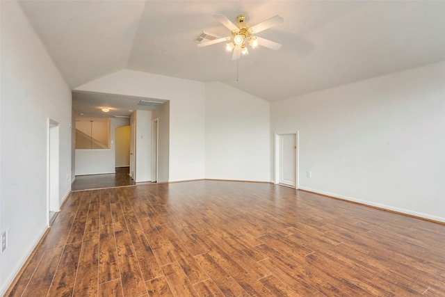 spare room with ceiling fan, lofted ceiling, and dark hardwood / wood-style floors