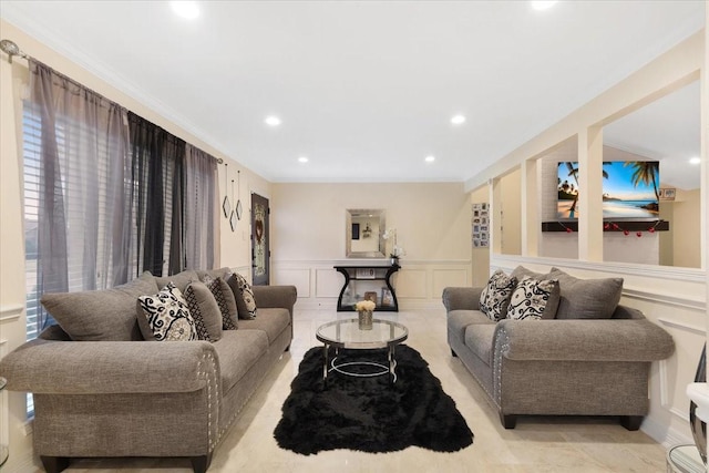 living room featuring ornamental molding