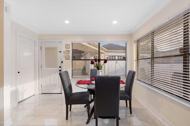 tiled dining area with ornamental molding