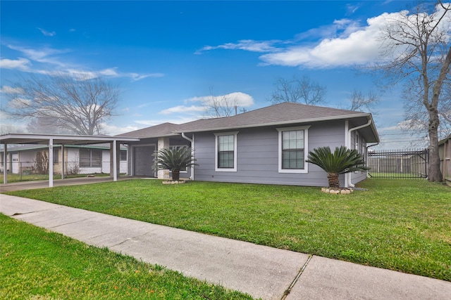 ranch-style home with a front yard and a carport