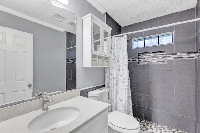 bathroom featuring vanity, a textured ceiling, toilet, and walk in shower