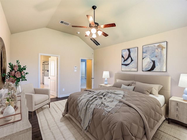 bedroom with lofted ceiling, light wood-style flooring, visible vents, and a ceiling fan