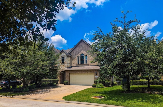 view of front of home featuring brick siding, an attached garage, stone siding, driveway, and a front lawn