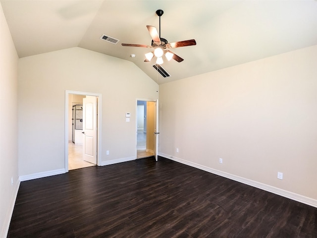 unfurnished bedroom with baseboards, visible vents, a ceiling fan, lofted ceiling, and dark wood-style flooring