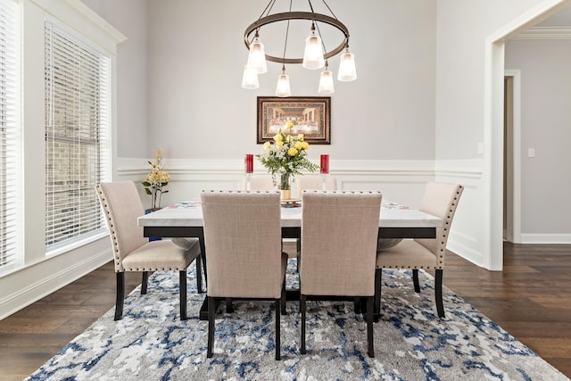 dining space with dark wood-type flooring