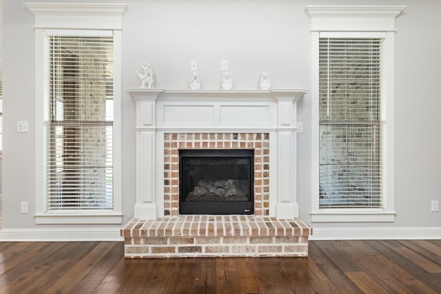 details with wood-type flooring and a fireplace