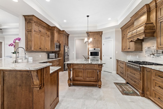 kitchen featuring decorative light fixtures, appliances with stainless steel finishes, a raised ceiling, kitchen peninsula, and custom range hood