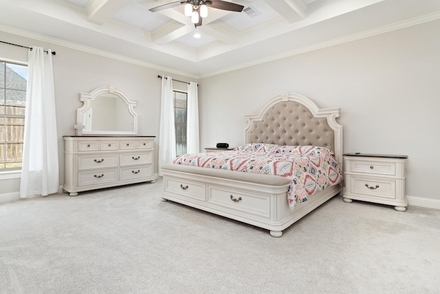 carpeted bedroom with coffered ceiling, ceiling fan, crown molding, and beamed ceiling