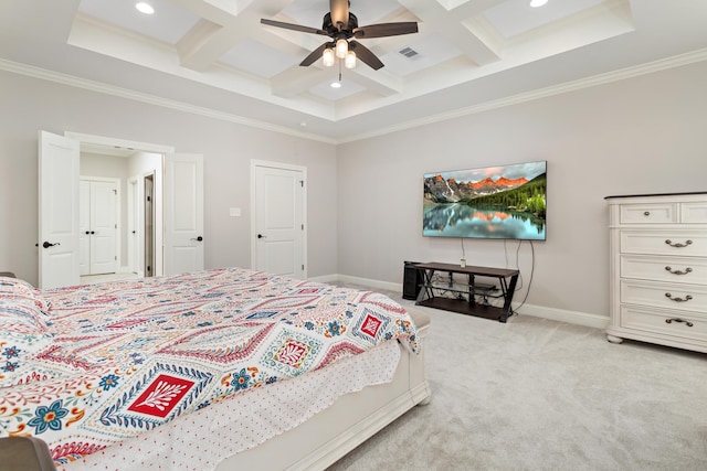 bedroom with beamed ceiling, coffered ceiling, and light carpet