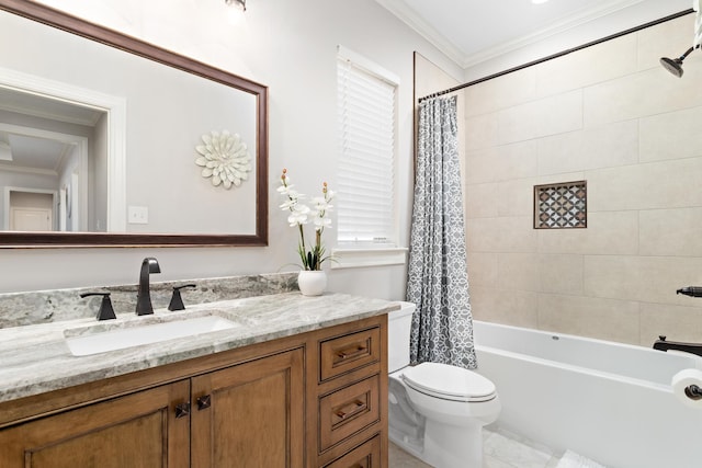 full bathroom featuring ornamental molding, toilet, shower / tub combo, and vanity