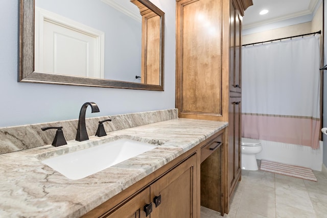 full bathroom featuring ornamental molding, toilet, tile patterned flooring, and vanity