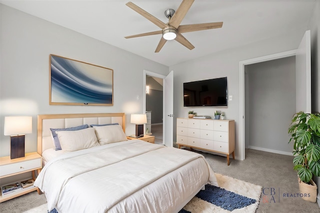 bedroom featuring carpet, ceiling fan, and baseboards