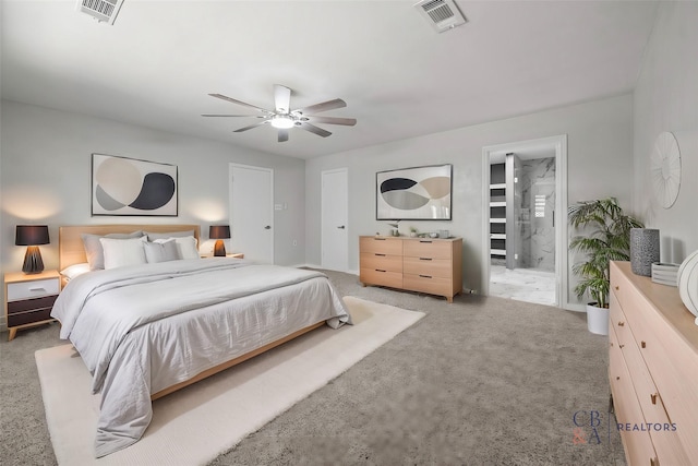 bedroom with ceiling fan, carpet, and visible vents