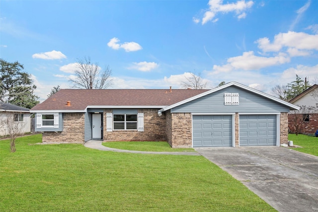 ranch-style home featuring driveway, a garage, a shingled roof, a front lawn, and brick siding