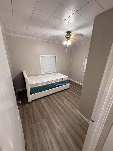 unfurnished bedroom with dark hardwood / wood-style floors, a drop ceiling, and ceiling fan