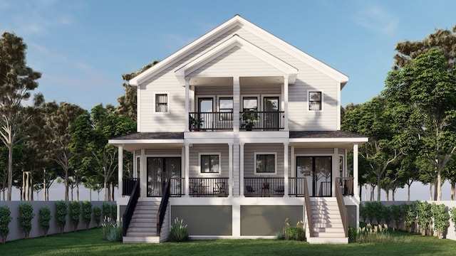 view of front facade featuring a porch, a balcony, and a front yard