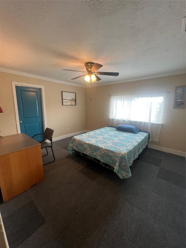 bedroom with crown molding, ceiling fan, dark carpet, and a textured ceiling