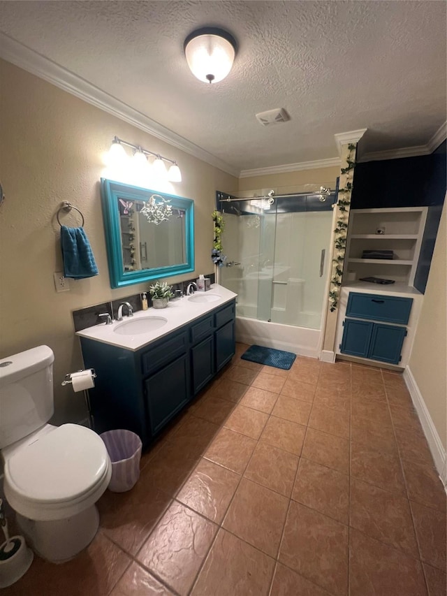 full bathroom with crown molding, vanity, a textured ceiling, shower / bathtub combination, and toilet