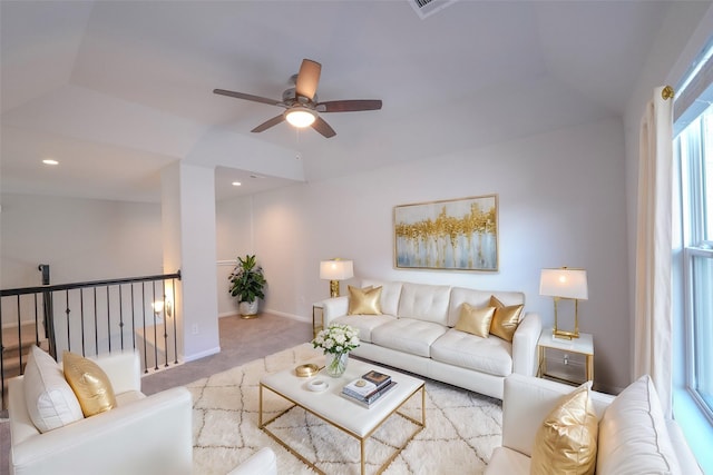 living area with a ceiling fan, carpet, baseboards, and recessed lighting