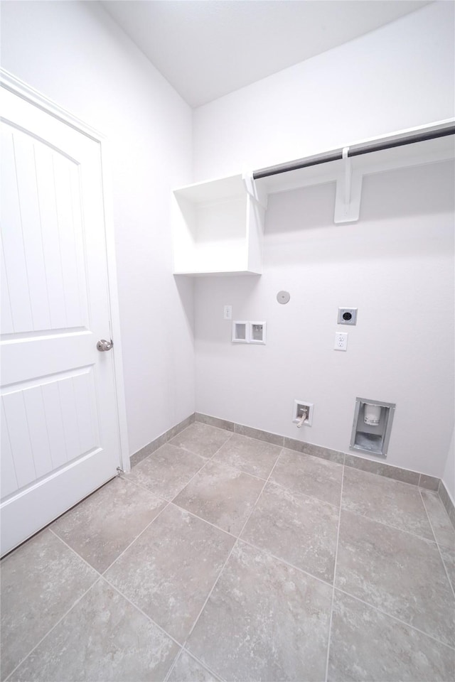 washroom with gas dryer hookup, hookup for a washing machine, hookup for an electric dryer, laundry area, and baseboards