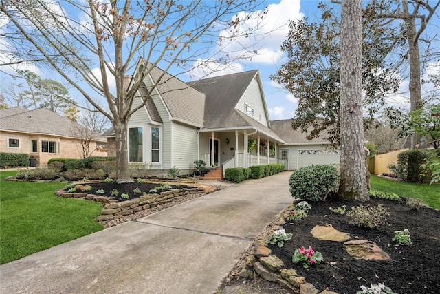 view of front of home featuring a garage, a porch, and a front yard