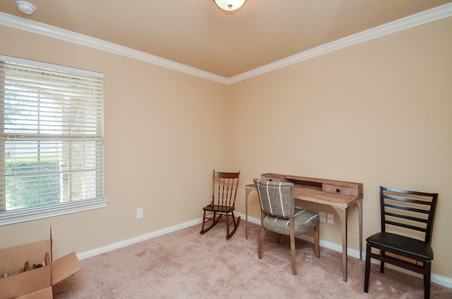 sitting room featuring light carpet and crown molding