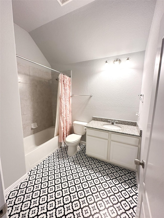 full bathroom featuring shower / bathtub combination with curtain, lofted ceiling, toilet, and vanity