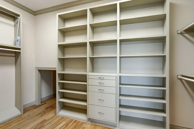 walk in closet with light hardwood / wood-style flooring