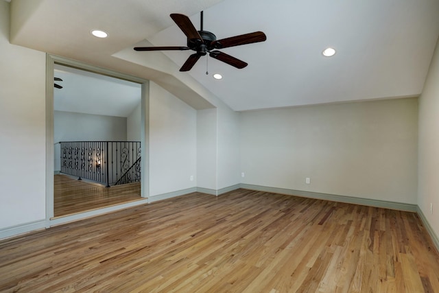 bonus room with light hardwood / wood-style flooring, ceiling fan, and vaulted ceiling