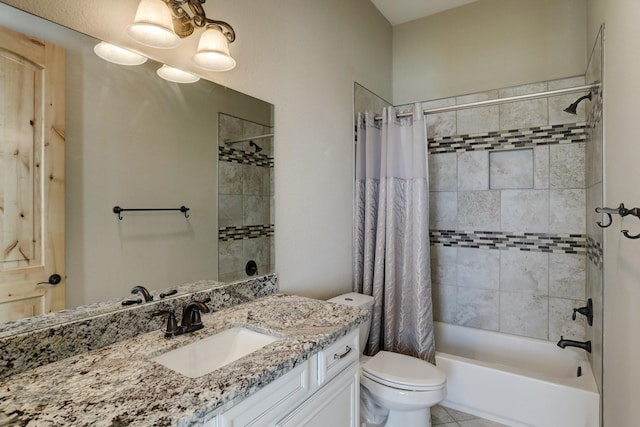 full bathroom featuring vanity, shower / bath combination with curtain, and toilet