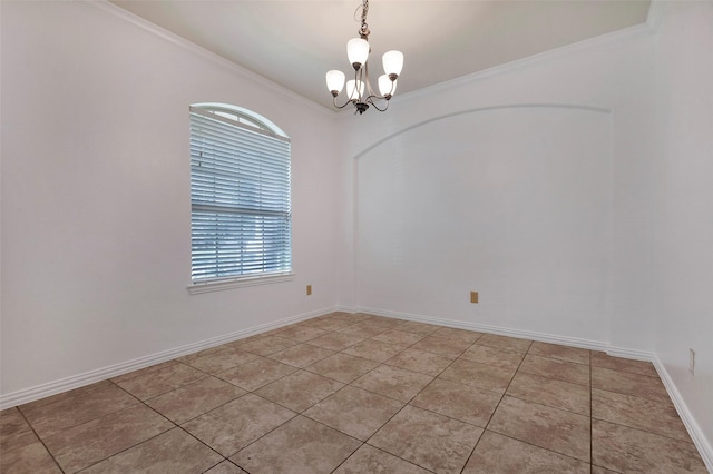 unfurnished room with a notable chandelier, ornamental molding, and light tile patterned flooring