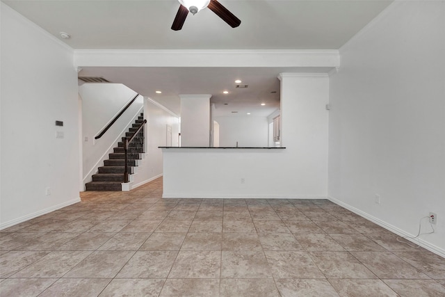 unfurnished living room with ornamental molding, light tile patterned floors, and ceiling fan