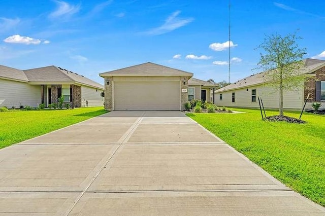 single story home featuring a garage and a front yard