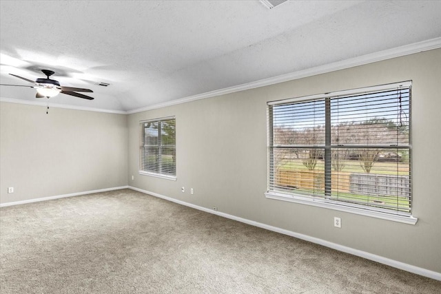 carpeted spare room featuring a textured ceiling, baseboards, a ceiling fan, and crown molding