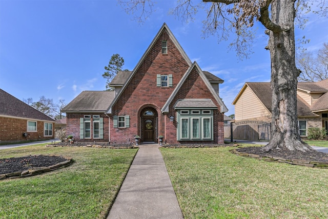 tudor home with a front lawn