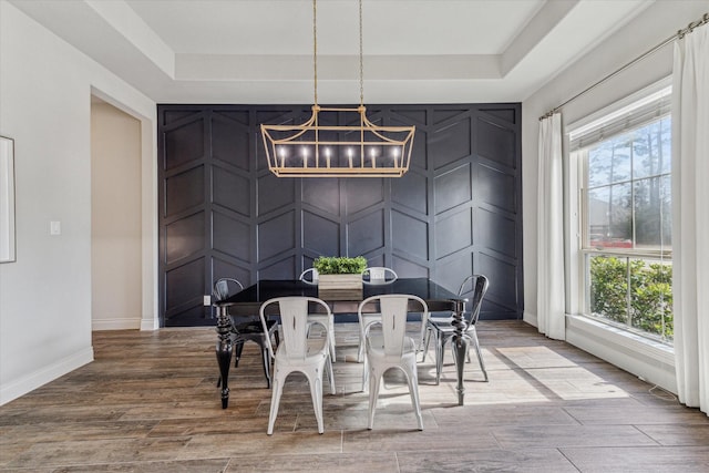 dining space featuring a tray ceiling and wood-type flooring