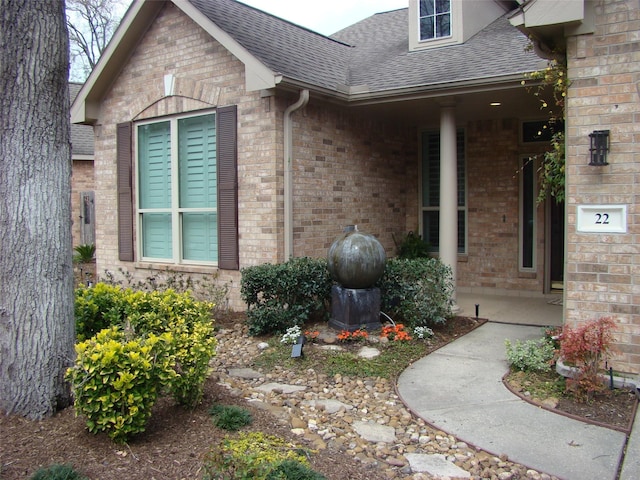 doorway to property with roof with shingles and brick siding