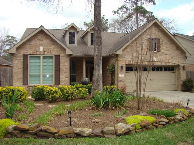 view of front of home featuring concrete driveway, brick siding, and roof with shingles