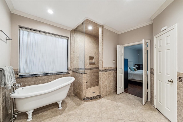 full bathroom featuring crown molding, connected bathroom, tile walls, and tile patterned floors