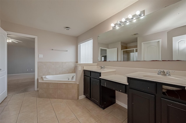 bathroom with vanity, ceiling fan, tile patterned floors, and separate shower and tub