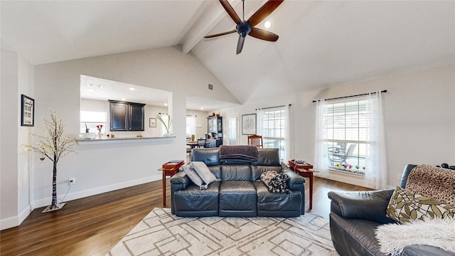 living room featuring ceiling fan, high vaulted ceiling, dark hardwood / wood-style floors, and beamed ceiling