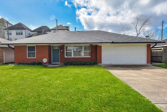 ranch-style home featuring a garage and a front lawn