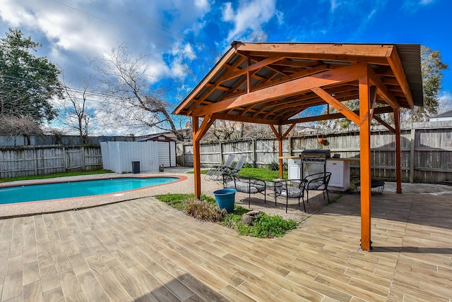 view of pool with a grill, exterior kitchen, and a patio area