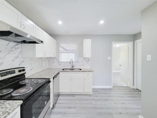 kitchen featuring electric stove, sink, dishwasher, white cabinetry, and light stone countertops