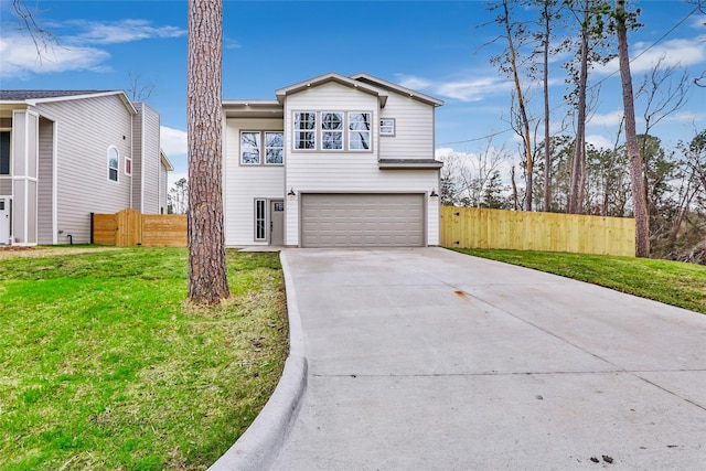 view of front of house featuring a garage, concrete driveway, a front yard, and fence