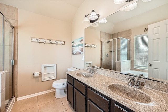 full bathroom featuring plus walk in shower, vaulted ceiling, vanity, toilet, and tile patterned floors